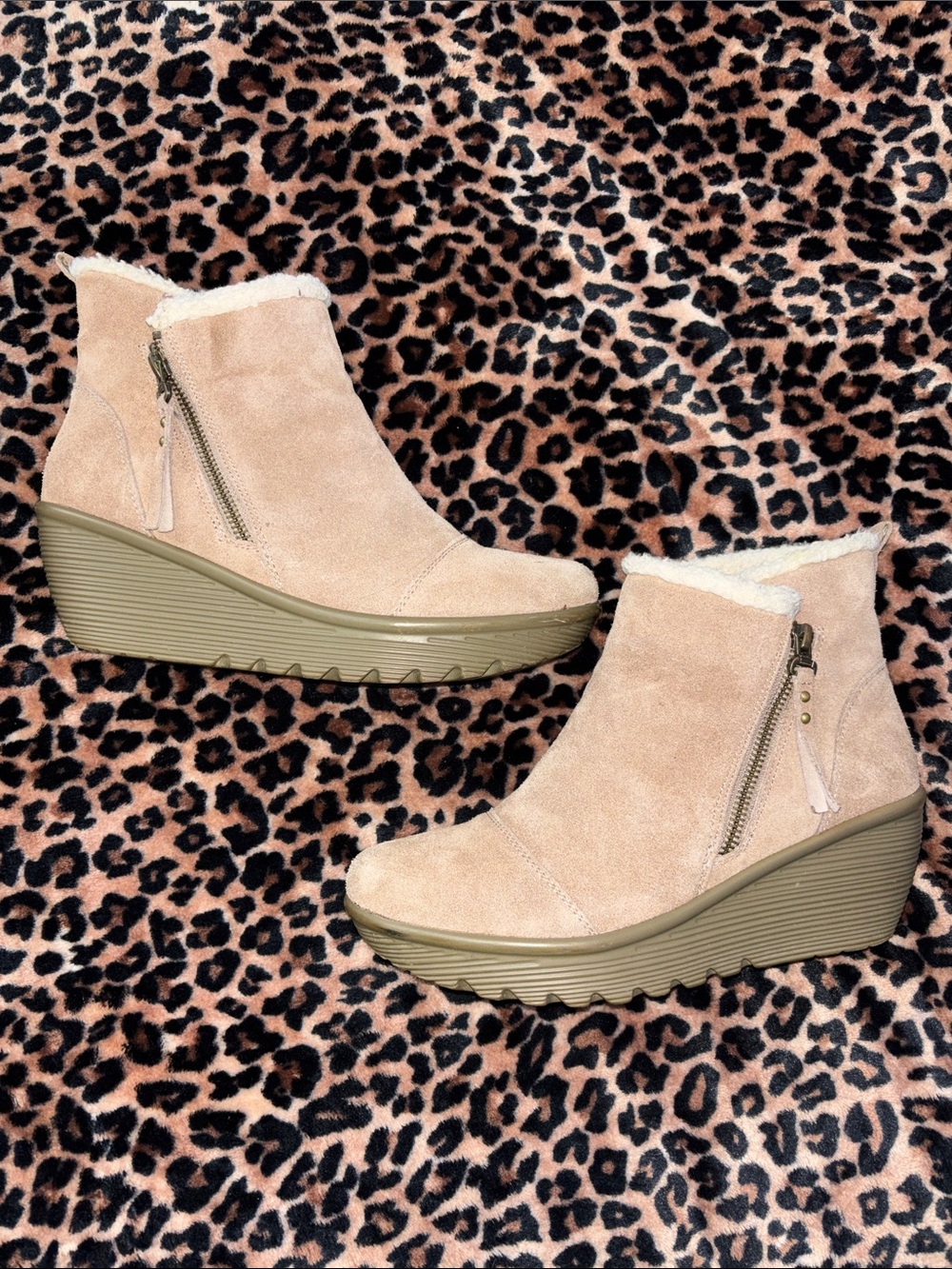 Skechers Blush Suede Wedge Ankle Boots with Shearling Trim